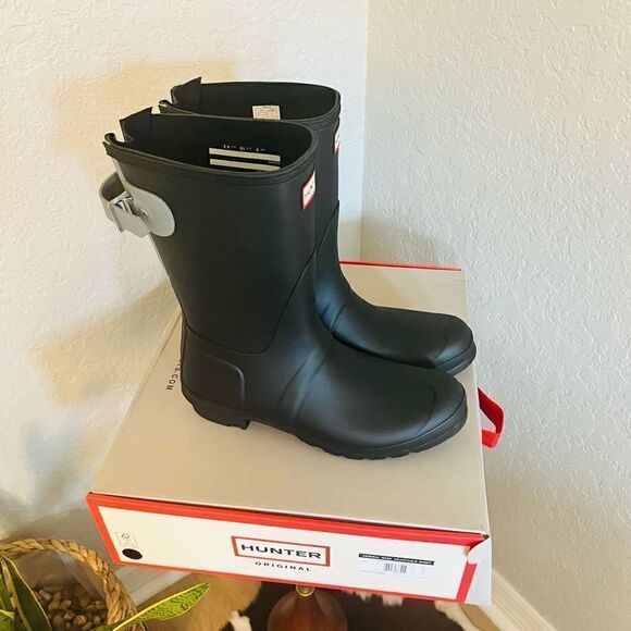 HUNTER Original Short Back‎ Adjustable Rain Boot, BLACK GRAY, Size 9, NWT - Picture 1 of 16